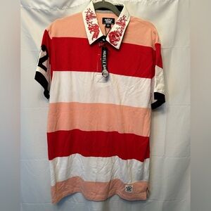 NWT Hustle Gang Polo Shirt Men’s XL Red Peach White Embroidered Tiger Indian